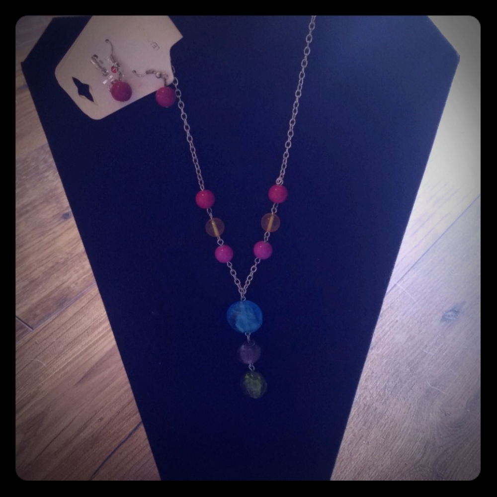 Colored beaded necklace matching earrings